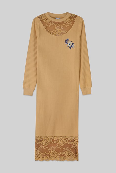 Lace Neck Ribbed Midi Dress