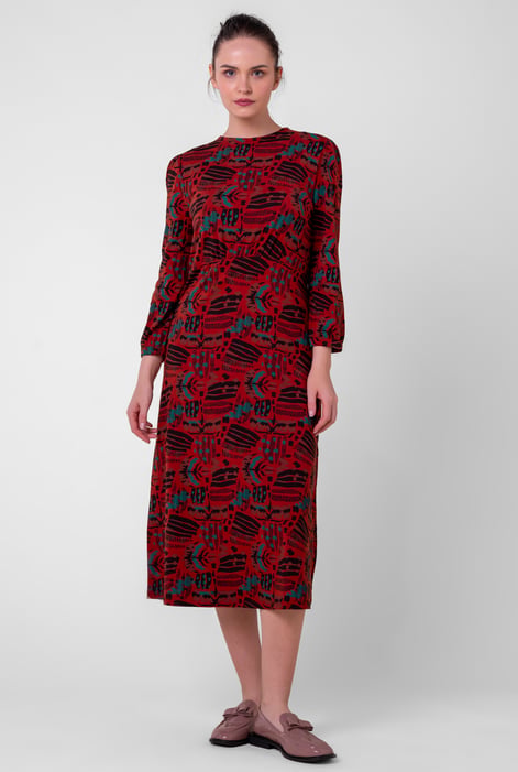 Women Cream Abstract Print Wide Neck Midi Dress
