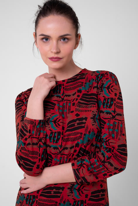 Women Red Abstract Print Wide Neck Midi Dress