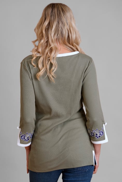 Olive Sweetheart Neck  Embroidered Long Sleeves Tops