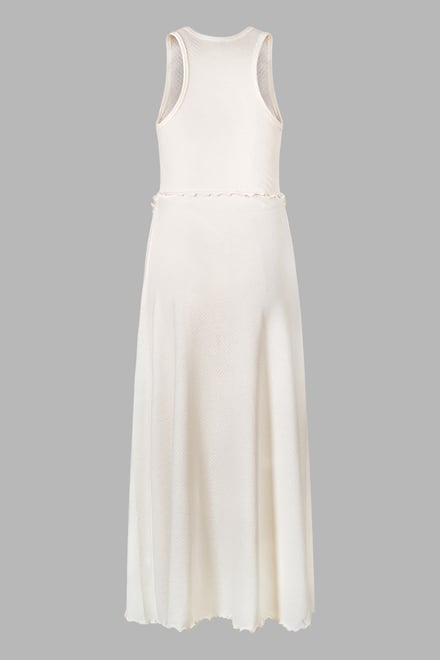 Frills Details-Rounded Neck Sleeveless Jersey Midi Dress