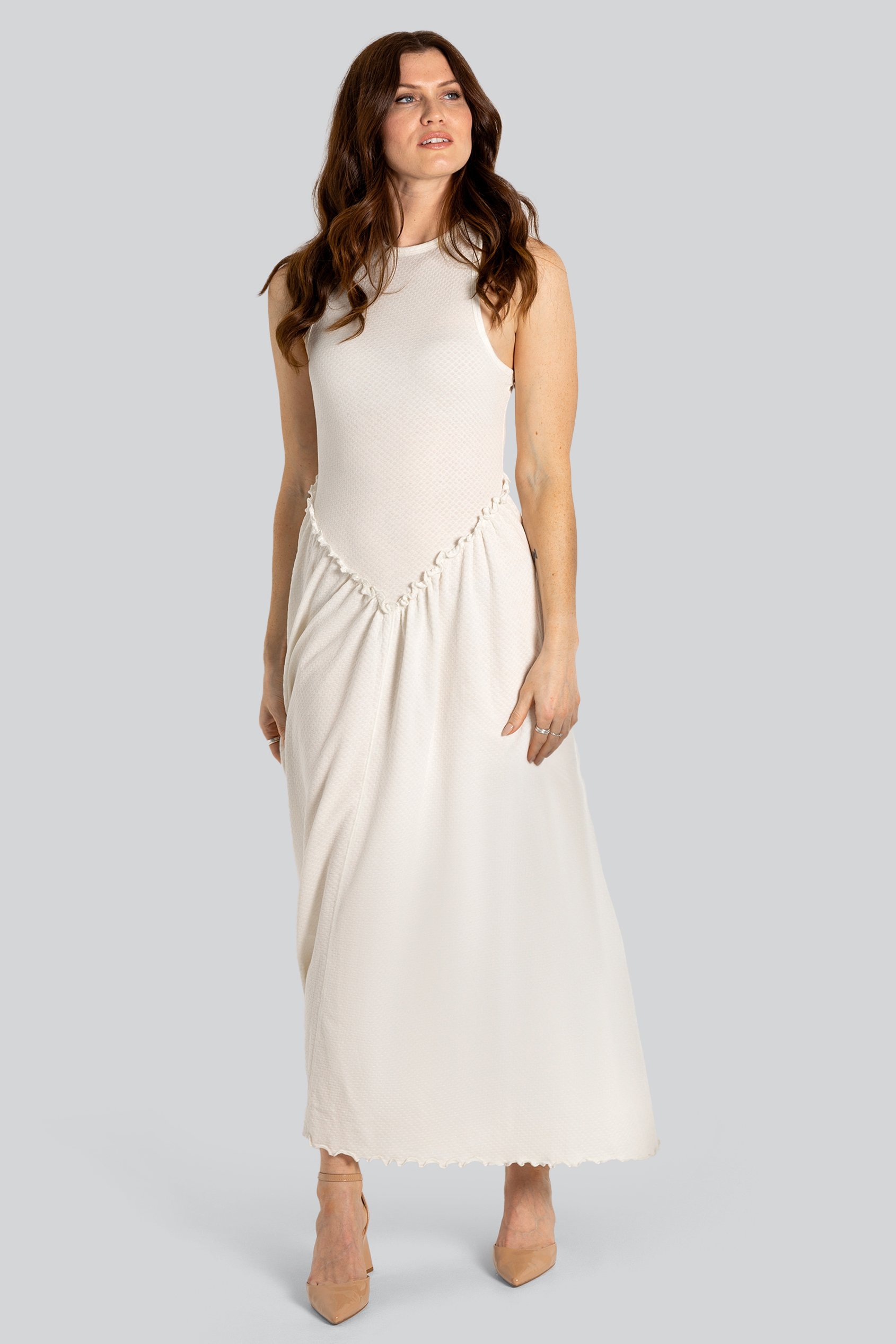 Enorsia Women's Blue Off-White Frills Details-Rounded Neck Sleeveless Jersey Midi Dress - Uk 14