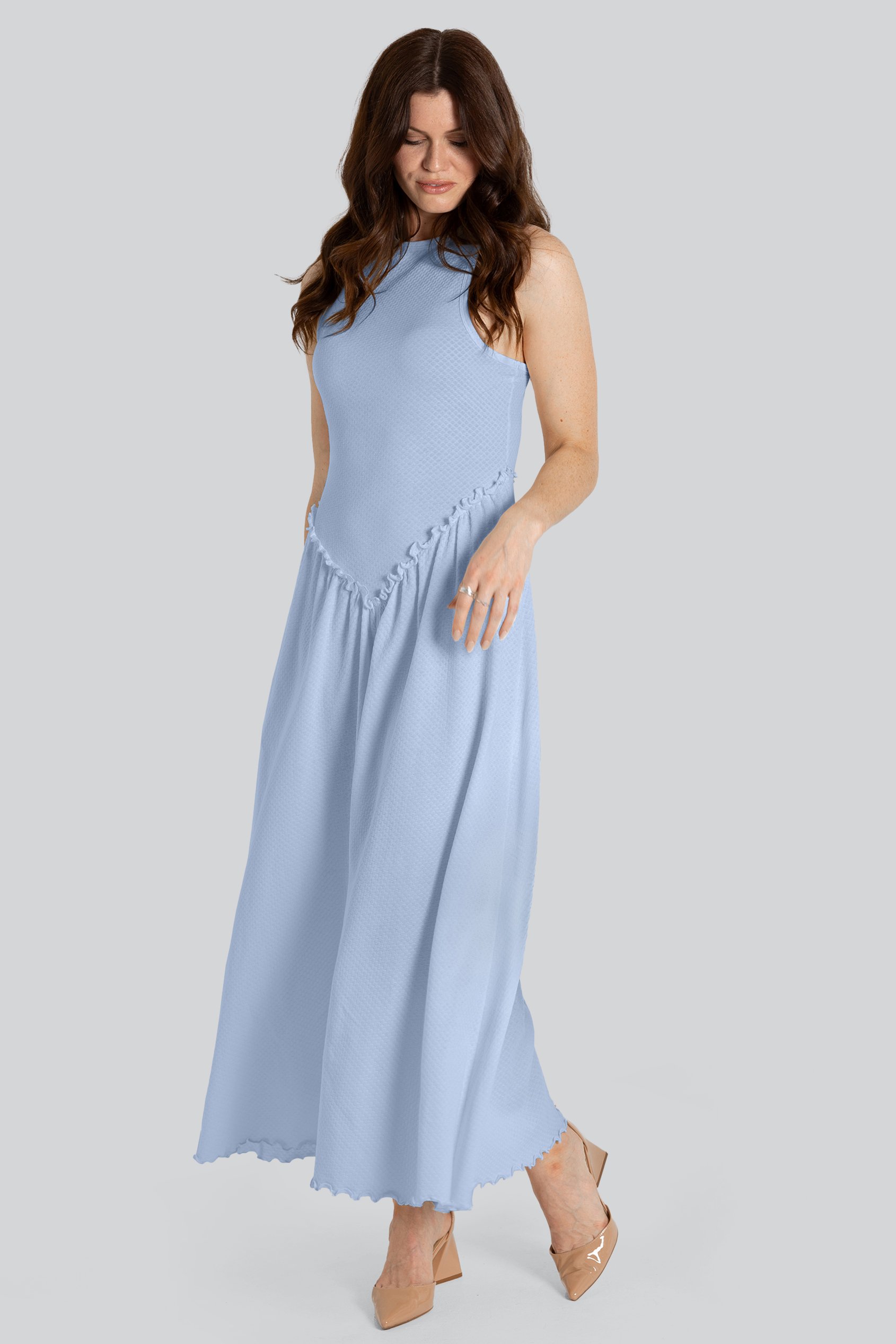 Enorsia Women's Off-White Blue Frills Details-Rounded Neck Sleeveless Jersey Midi Dress - Uk 16