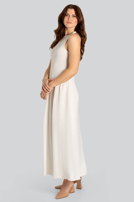 Frills Details-Rounded Neck Sleeveless Jersey Midi Dress