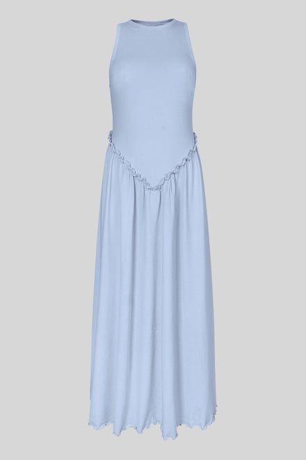 Frills Details-Rounded Neck Sleeveless Jersey Midi Dress