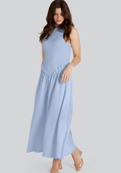 Frills Details-Rounded Neck Sleeveless Jersey Midi Dress