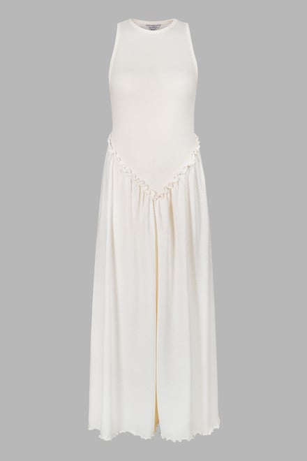Frills Details-Rounded Neck Sleeveless Jersey Midi Dress