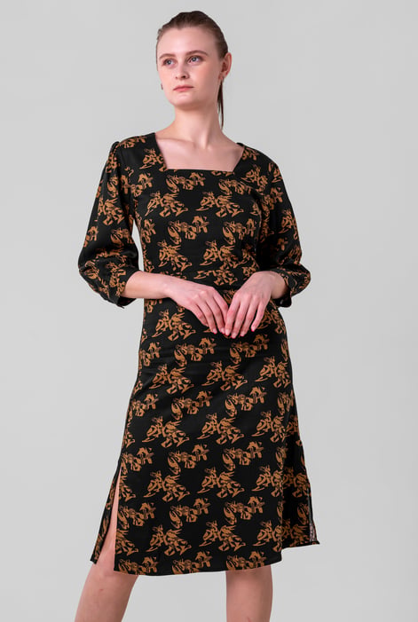 Womens Black Printed Square Neck Dress