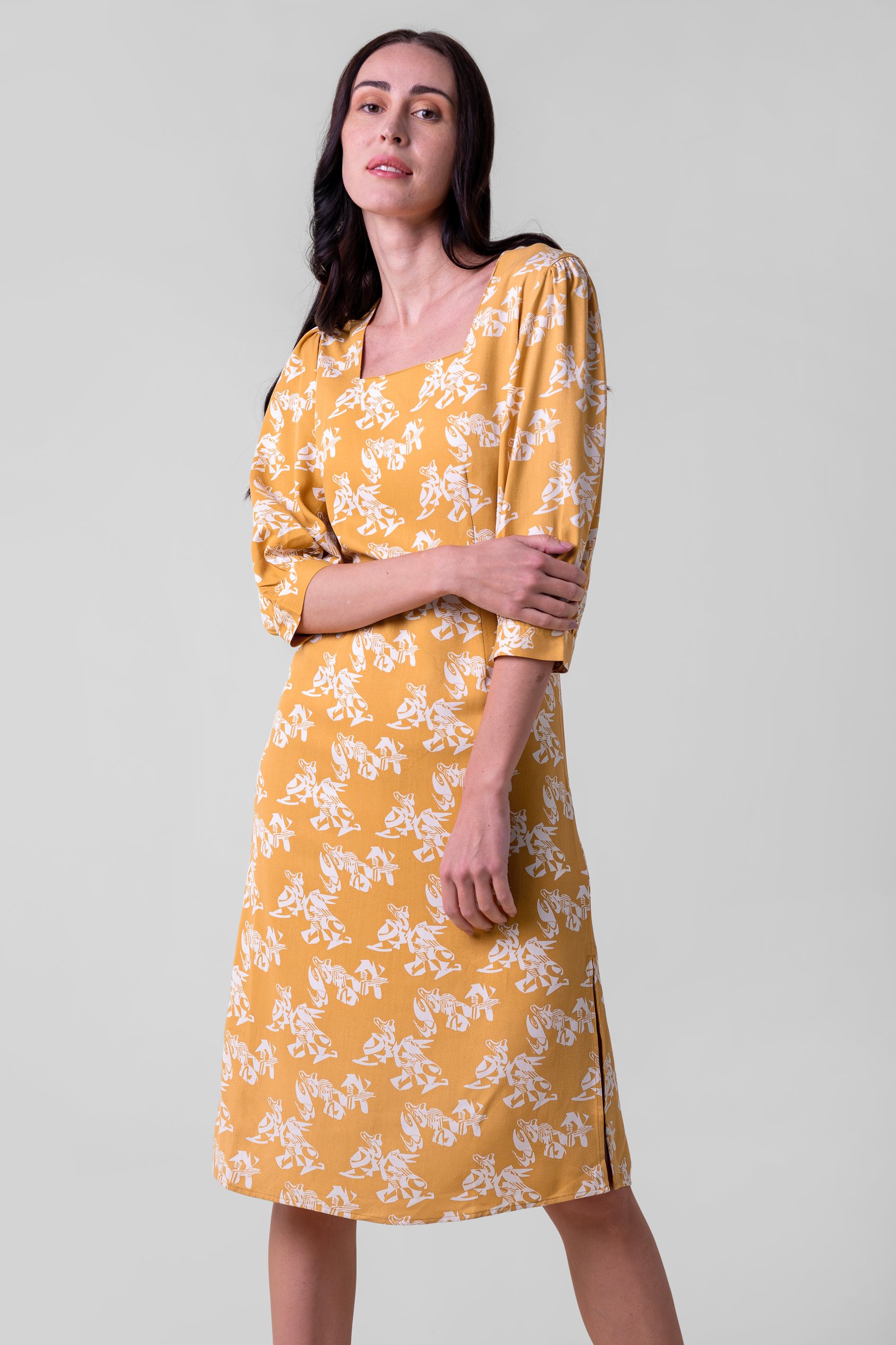 Enorsia Women's Yellow Printed Square Neck Dress - Uk 14