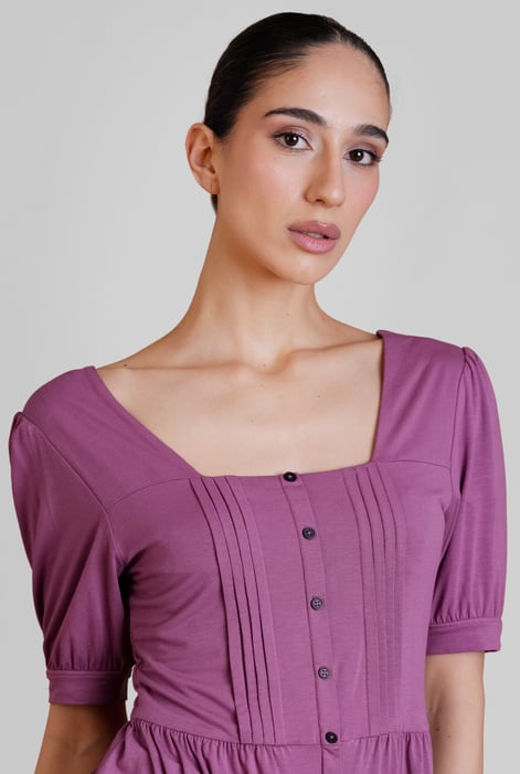 Purple Puff Sleeves Square Neck Jersey Tops