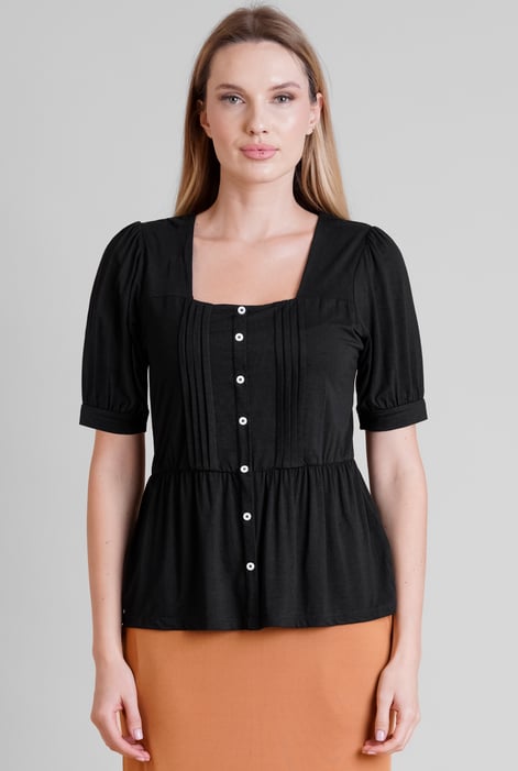 Black Puff Sleeves Square Neck Jersey Tops