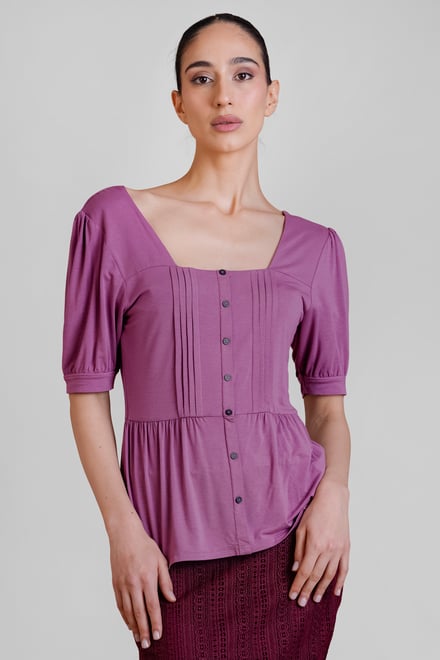 Puff Sleeves Square Neck Jersey Tops