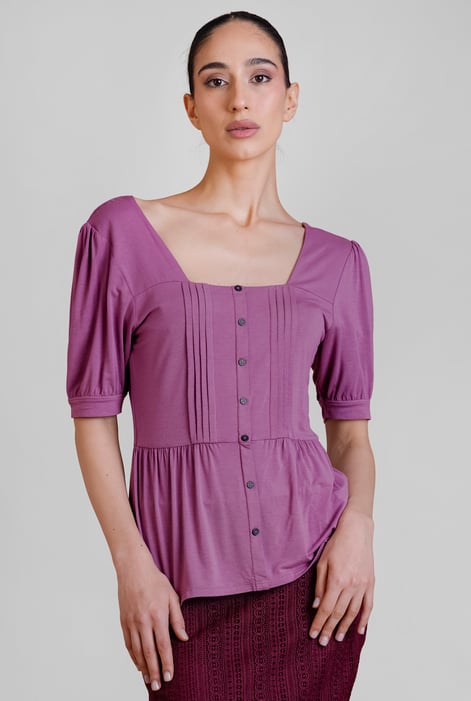 Black Puff Sleeves Square Neck Jersey Tops