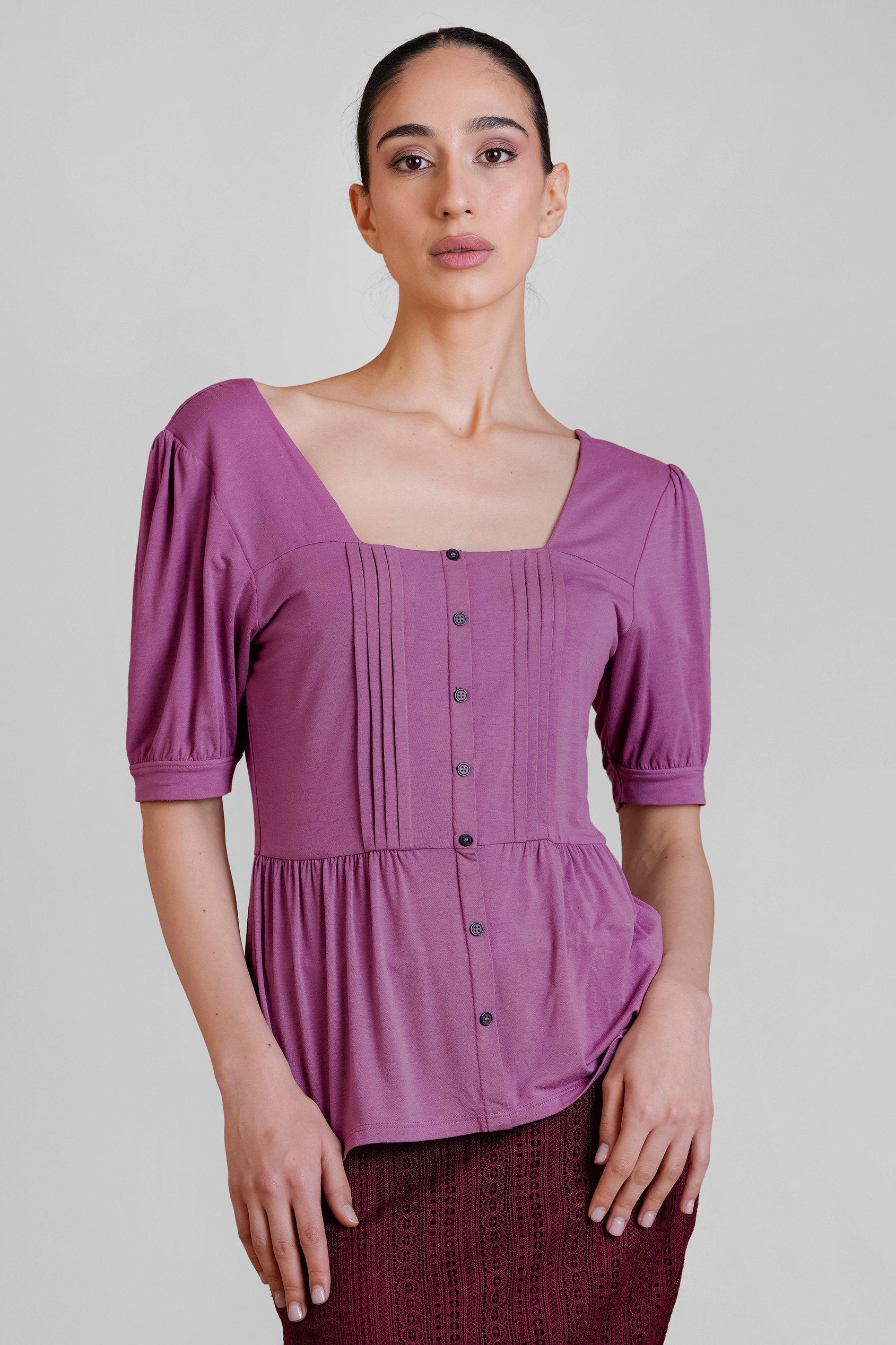 Enorsia Women's Purple Square Neck Puff Sleeve Top - Uk 16