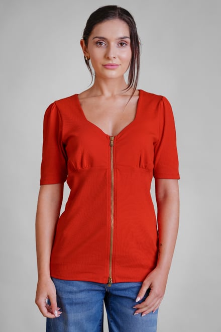 Sweetheart Neckline Zip-Front Jersey Top