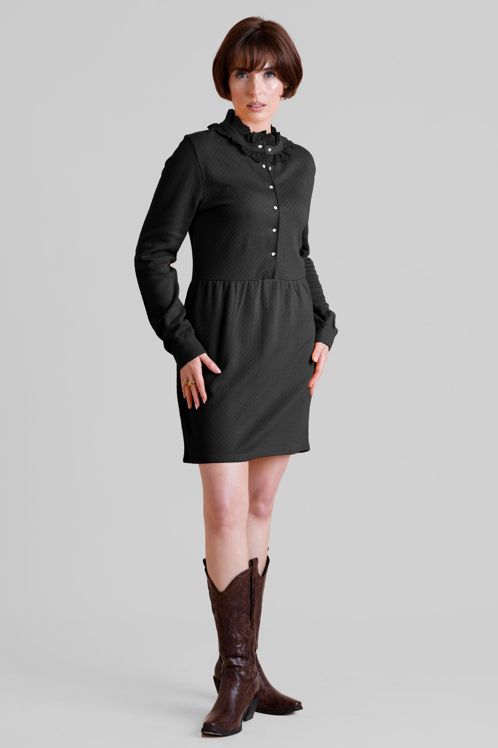 High Neck Lace Trim Mini Dress