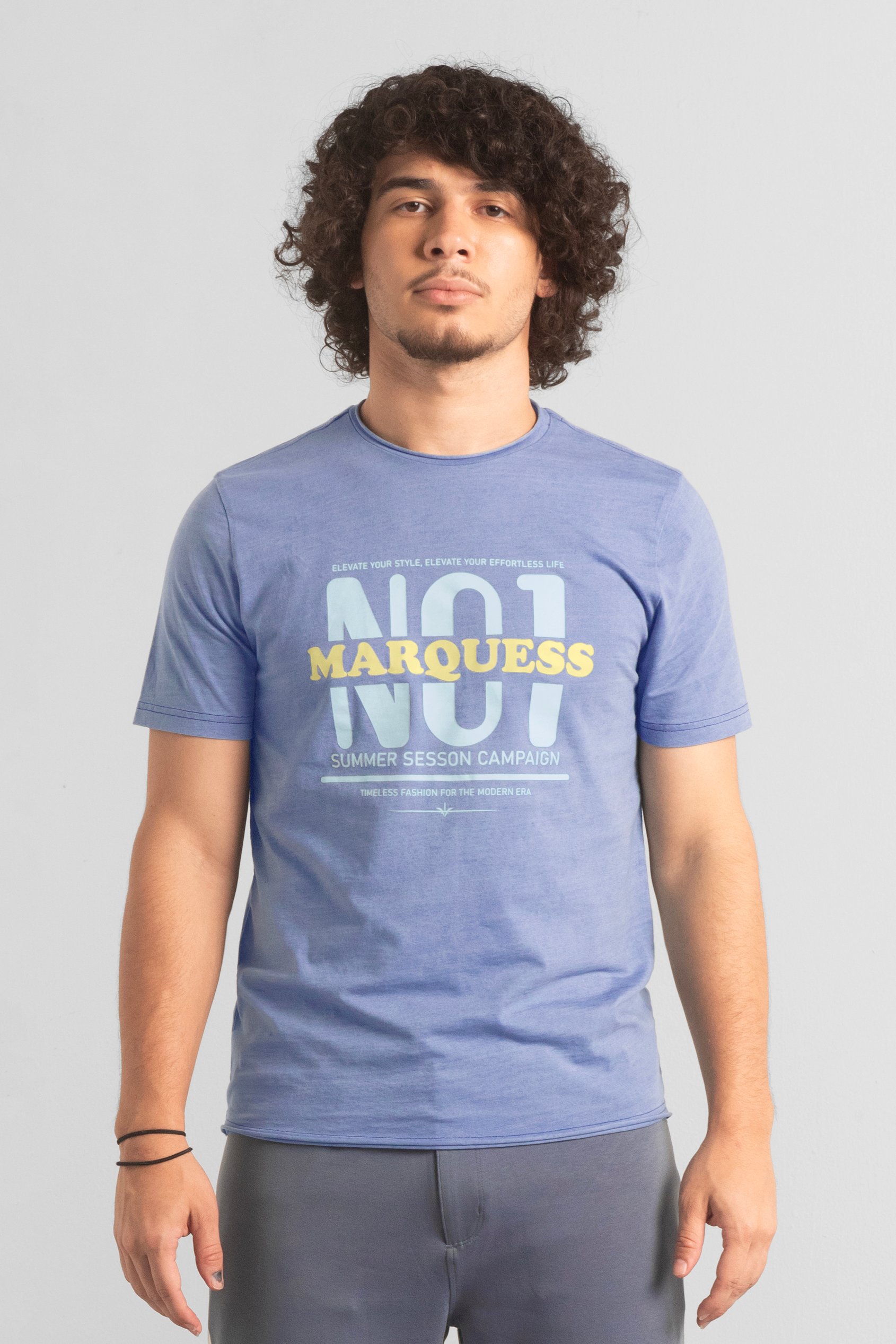 Enorsia Men's Light Blue Indigo Wash Graphic T-Shirt - Uk Xxl