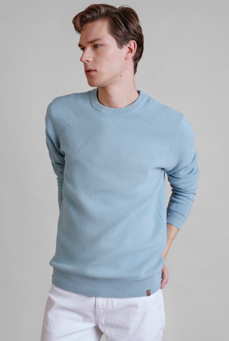 Mens Light Blue Waffle Knit Crew Neck Jumper
