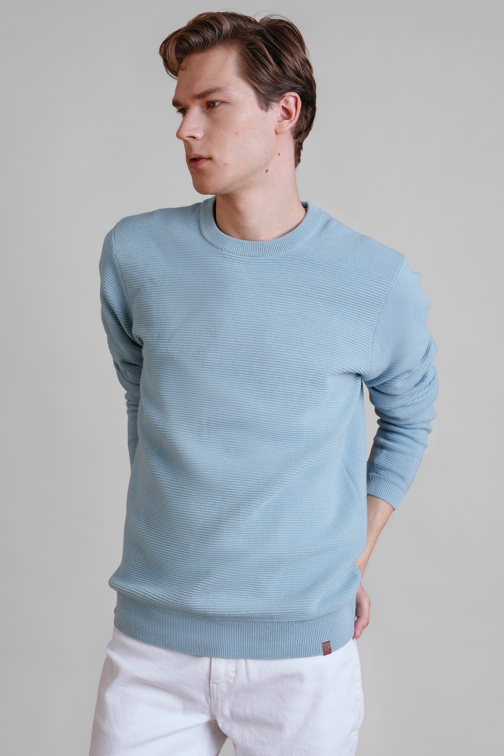 Enorsia Men's Light Blue Waffle Knit Crew Neck Jumper - Uk M