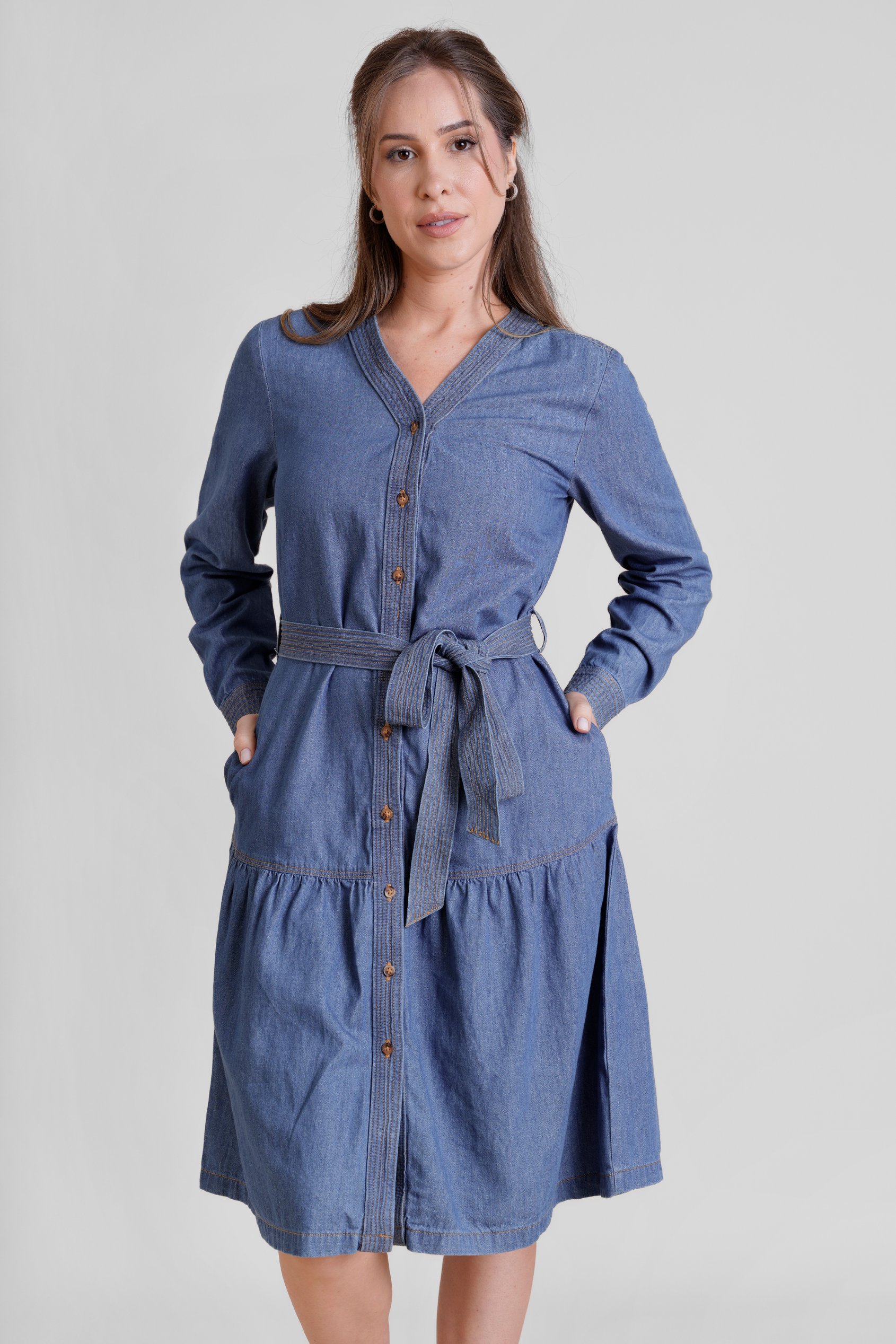 Womens Denim Tiered Midi Dress