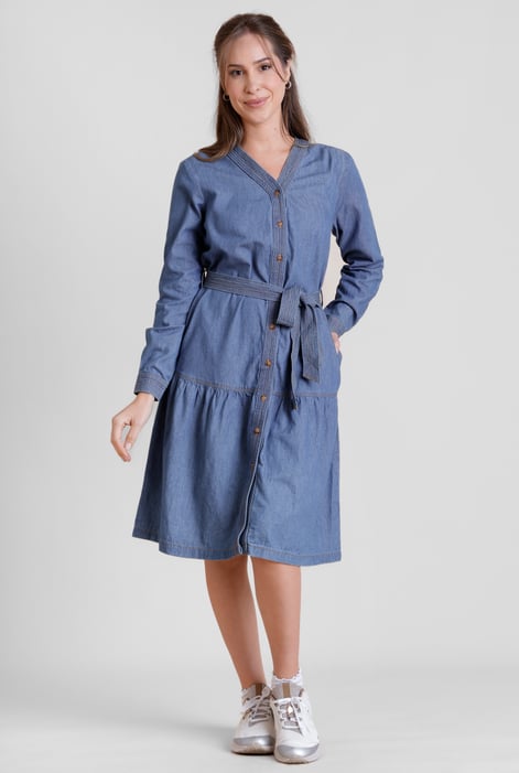 Womens Light Blue Denim Tiered Midi Dress