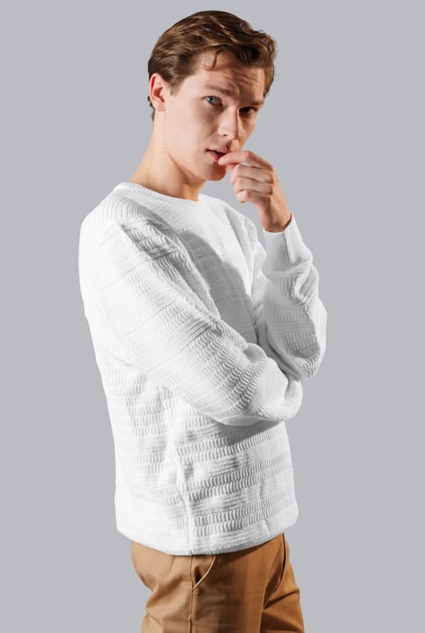 White Cotton Textured Crew Neck Jumper