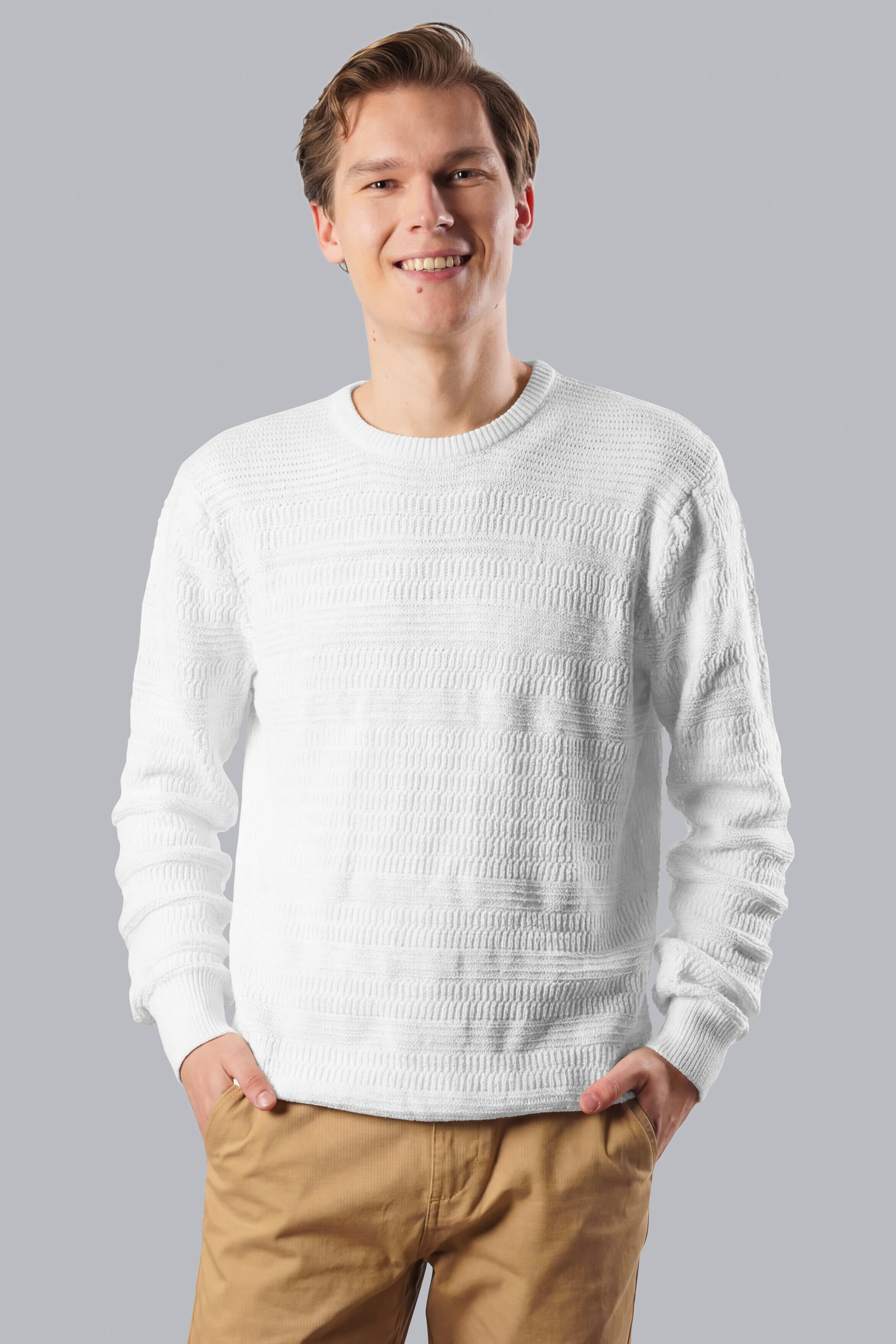 Enorsia Men's Cream White Cotton Textured Crew Neck Jumper - Uk L