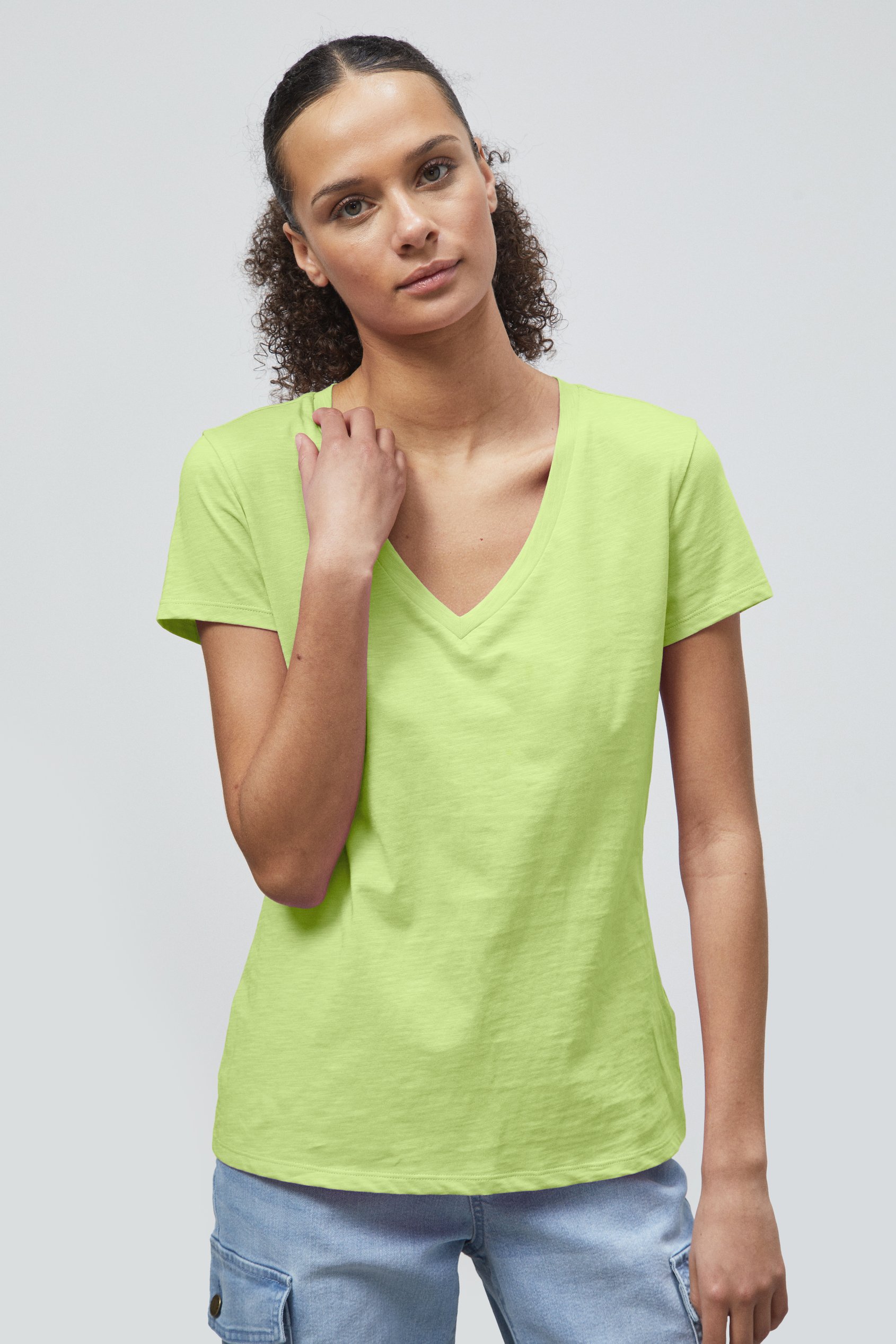 Enorsia Women's Green V-Neck Short Sleeve Slub T-Shirt - Uk 12