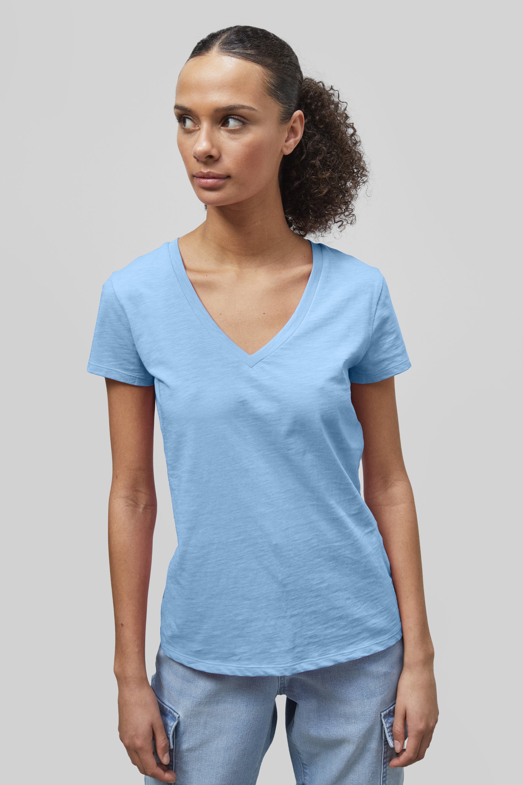 Enorsia Women's Blue V-Neck Short Sleeve Slub T-Shirt - Uk 16