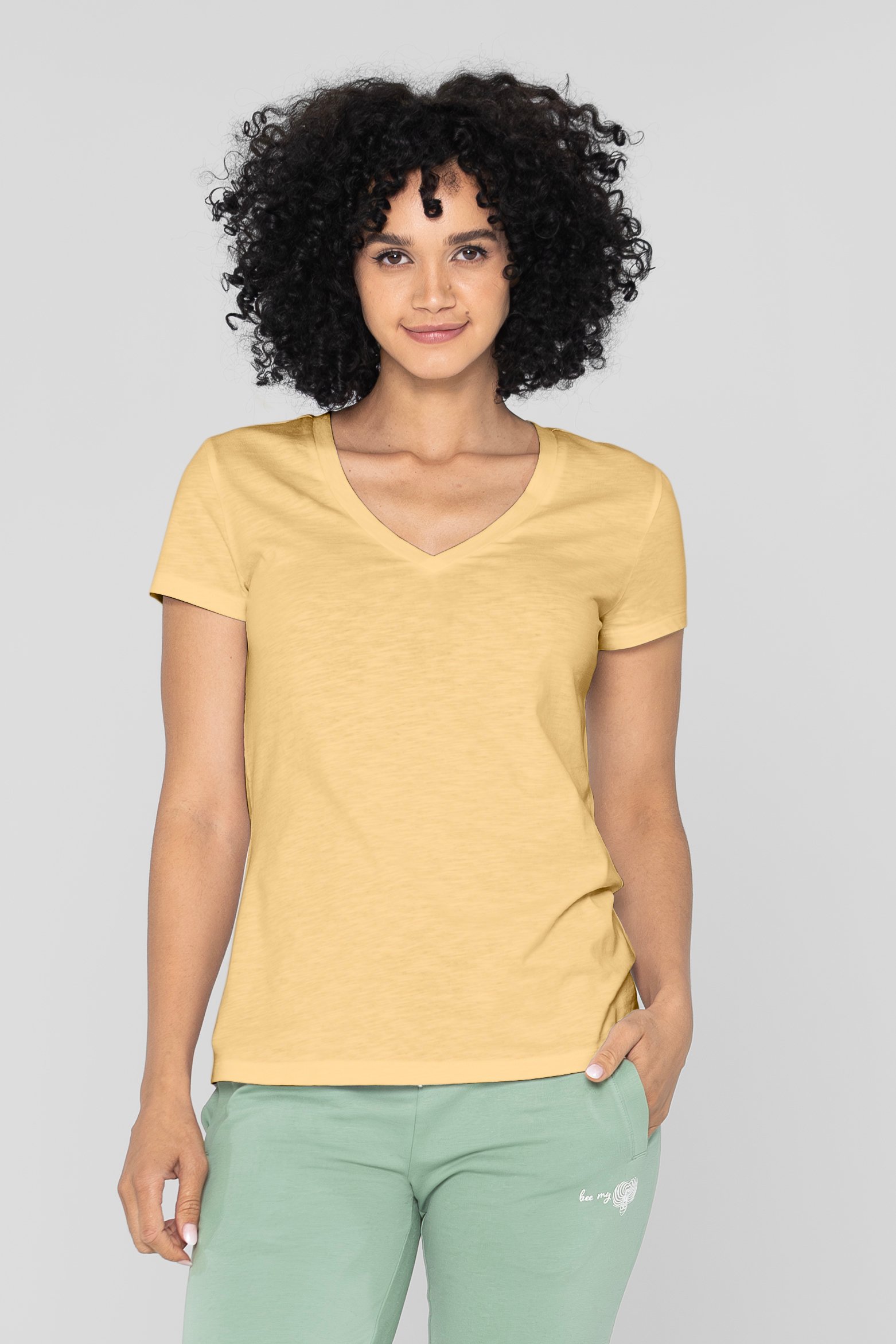 Enorsia Women's Yellow V-Neck Short Sleeve Slub T-Shirt - Uk 16