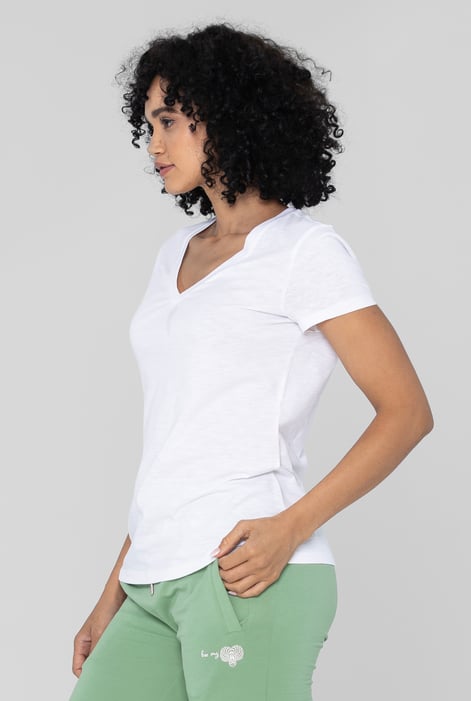 White V-Neck Short Sleeve Slub T-Shirt