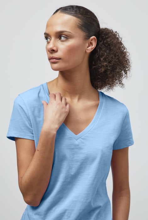 Blue V-Neck Short Sleeve Slub T-Shirt