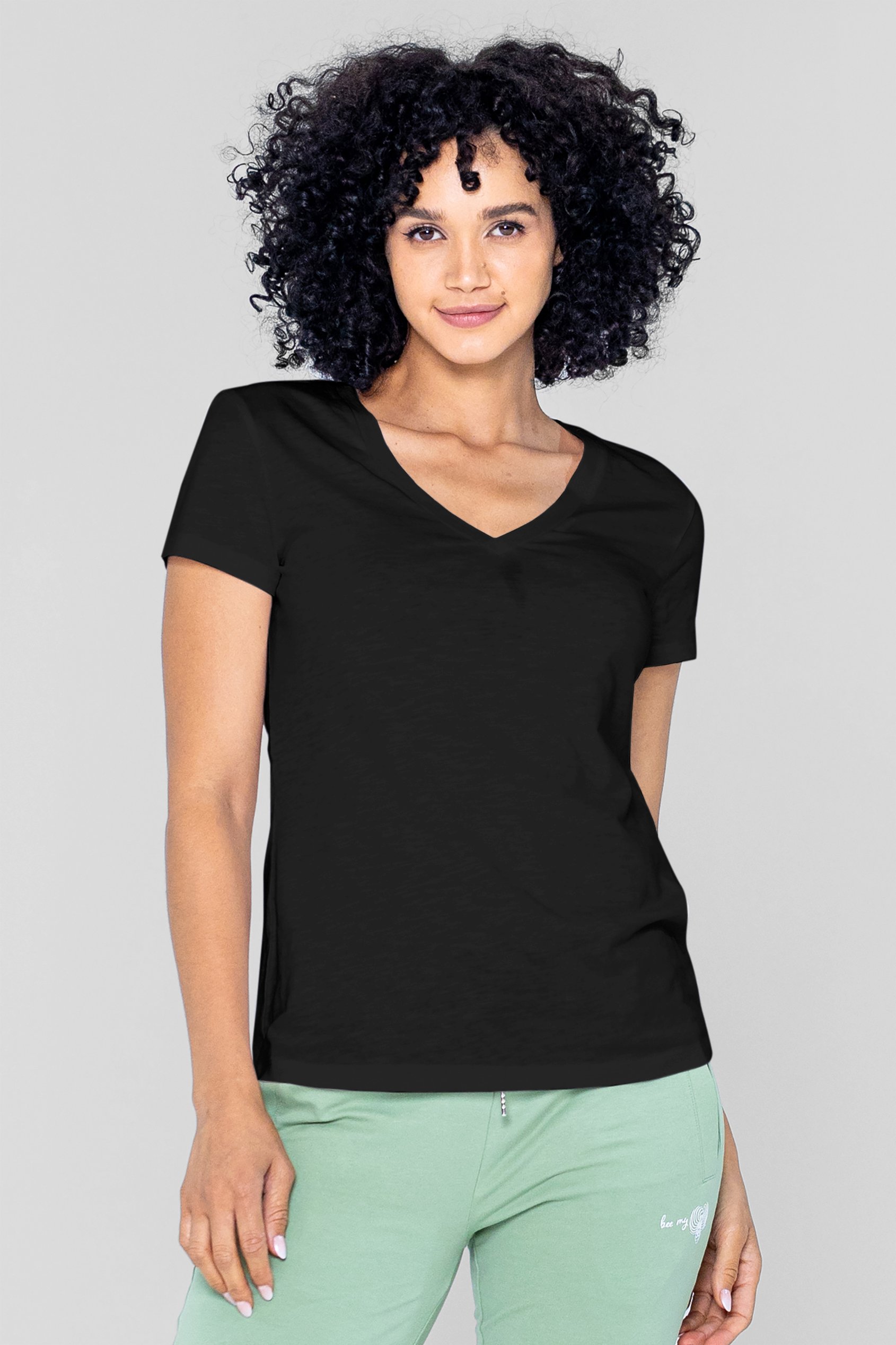 Enorsia Women's Black V-Neck Short Sleeve Slub T-Shirt - Uk 16