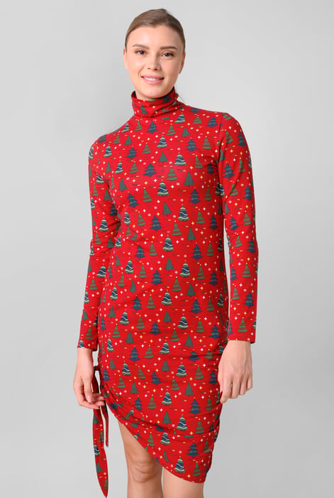 Red Side Tie Knot Christmas Print Bodycon Dress