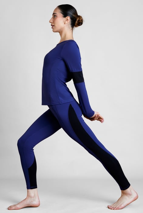 Womens Navy Long Sleeve Colour Block Active Top