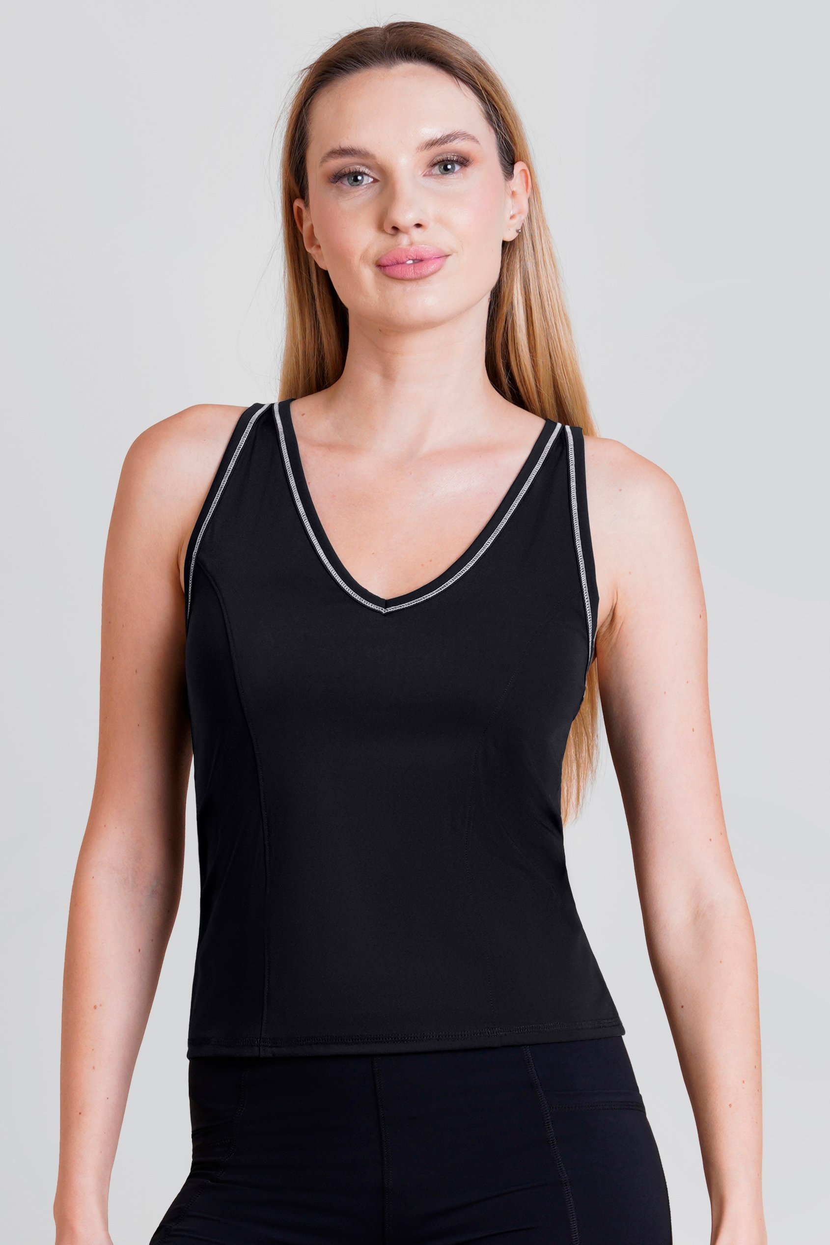 Enorsia Women's Black Dark Charcoal Contrast Stitch Active Vest Top - Uk 18