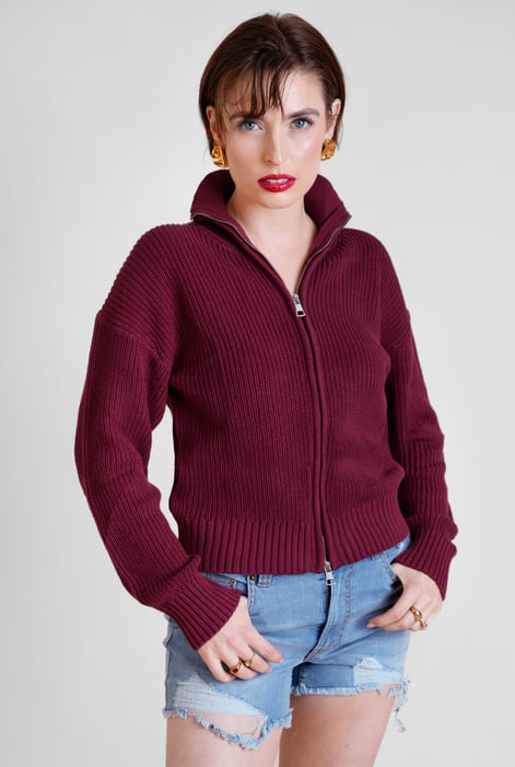 Burgundy Funnel Neck Two Way Zip Up Jumper