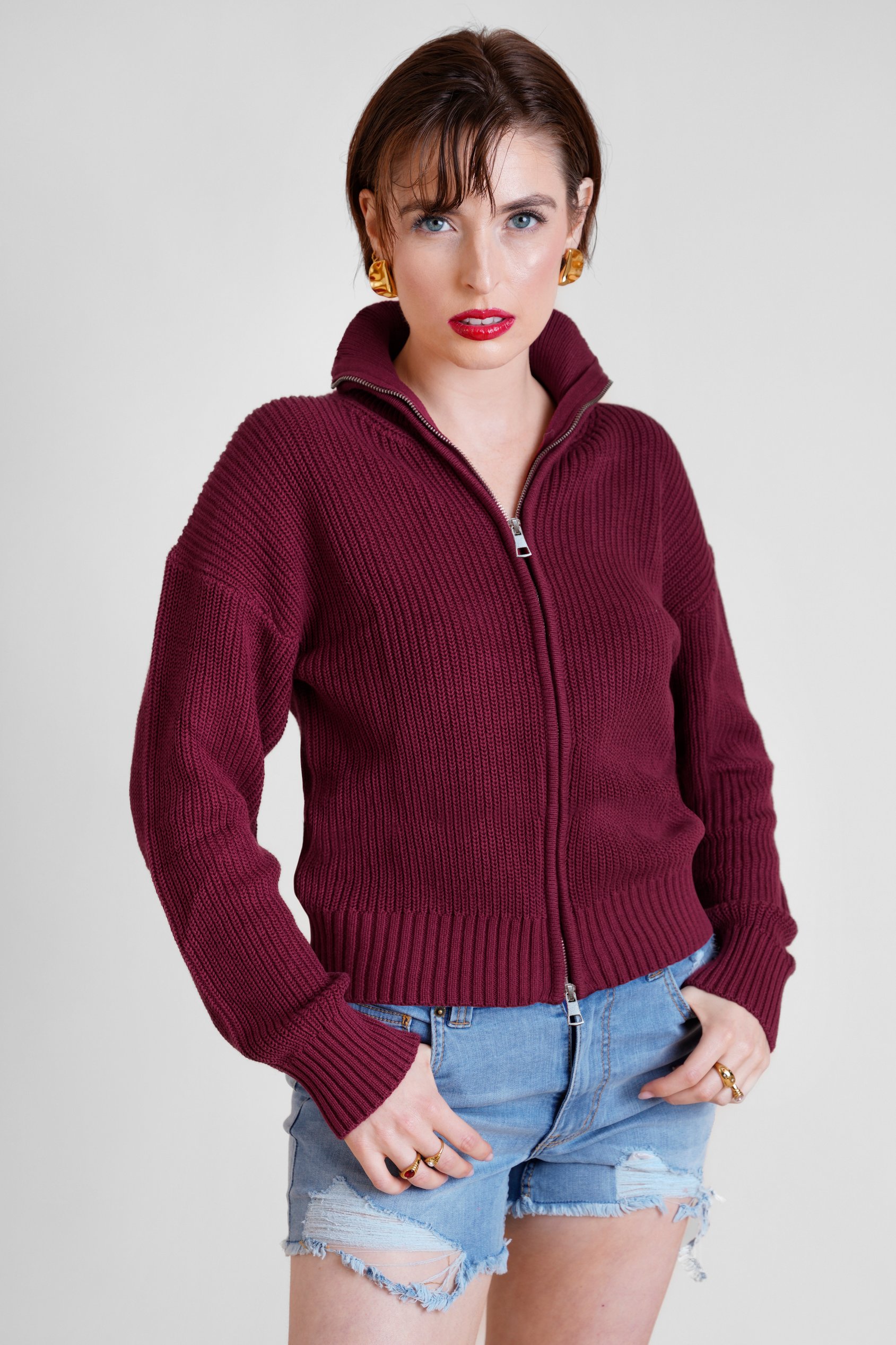 Enorsia Women's Maroon Burgundy Funnel Neck Two Way Zip Up Jumper - Uk Xl
