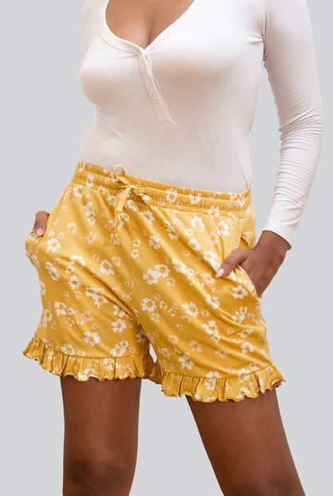Womens Blue Ruffle Hem Printed Shorts