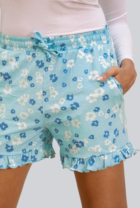 Womens Blue Ruffle Hem Printed Shorts