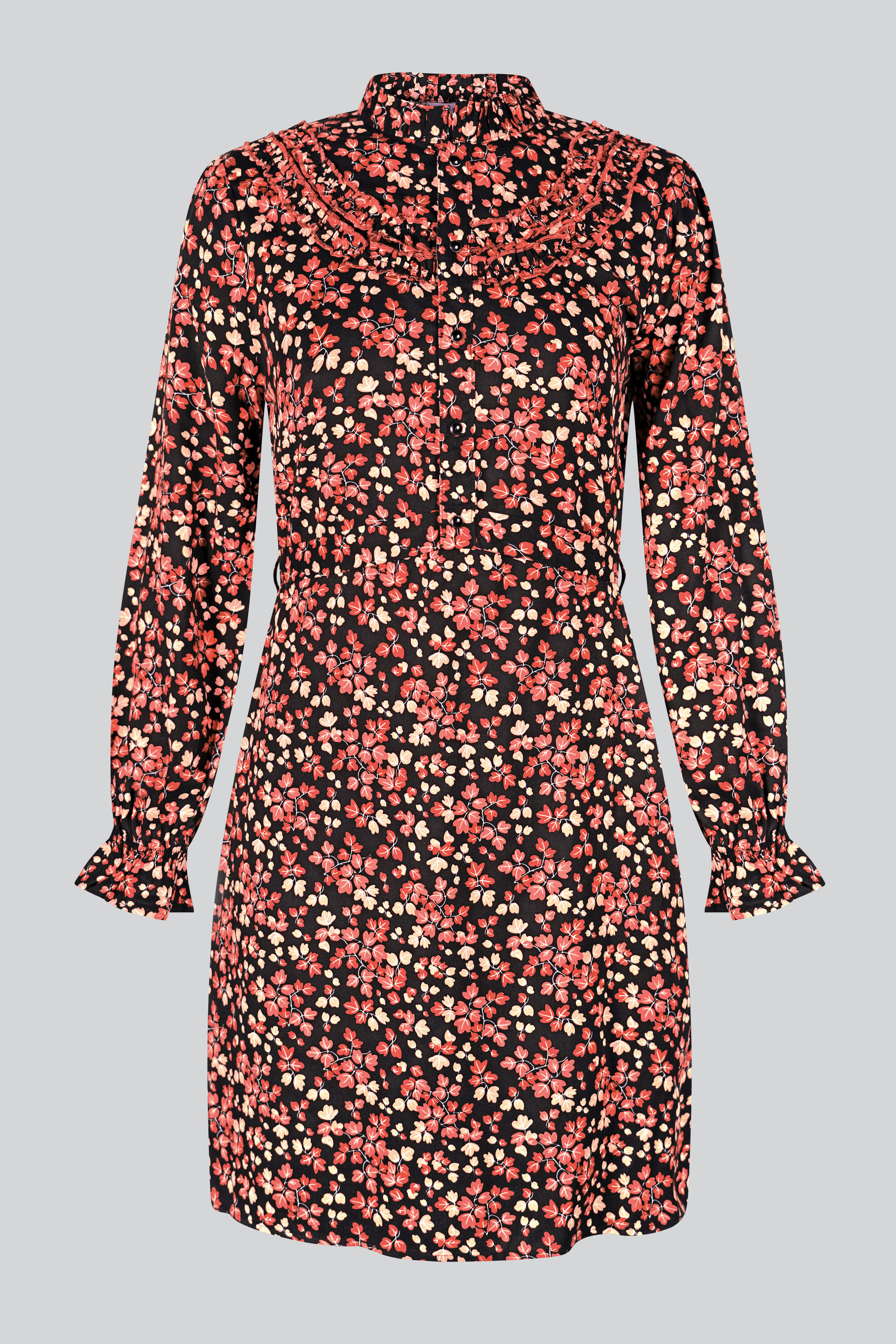 Red/Black Floral High Neck Viscose Mini Dress