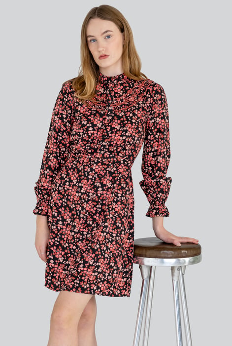 Black Red/Black Floral High Neck Viscose Mini Dress