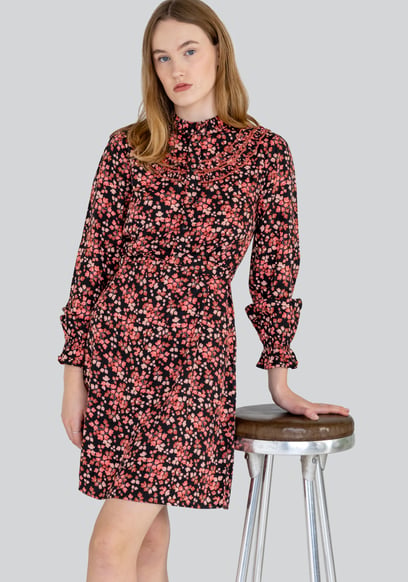 Red/Black Floral High Neck Viscose Mini Dress