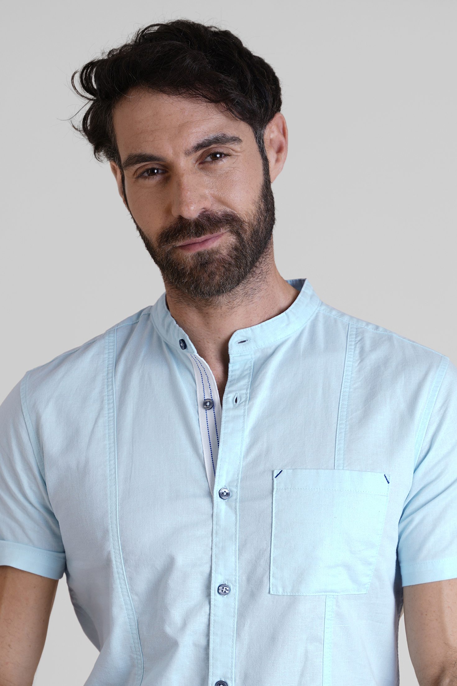 Regular Fit Cotton Linen Grandad Collar S/S  Shirt