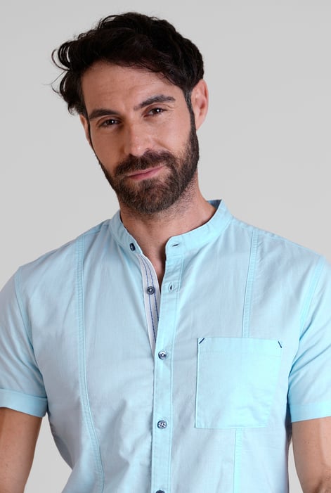 Sky Blue Cotton Linen Grandad Collar Shirt