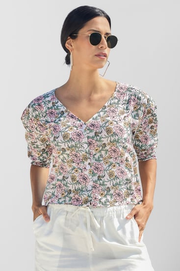 White Printed Flute Sleeve Blouse