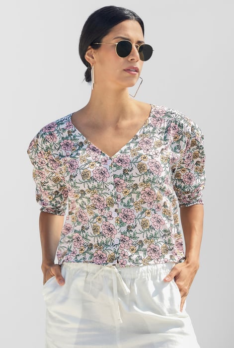 White Printed Flute Sleeve Blouse