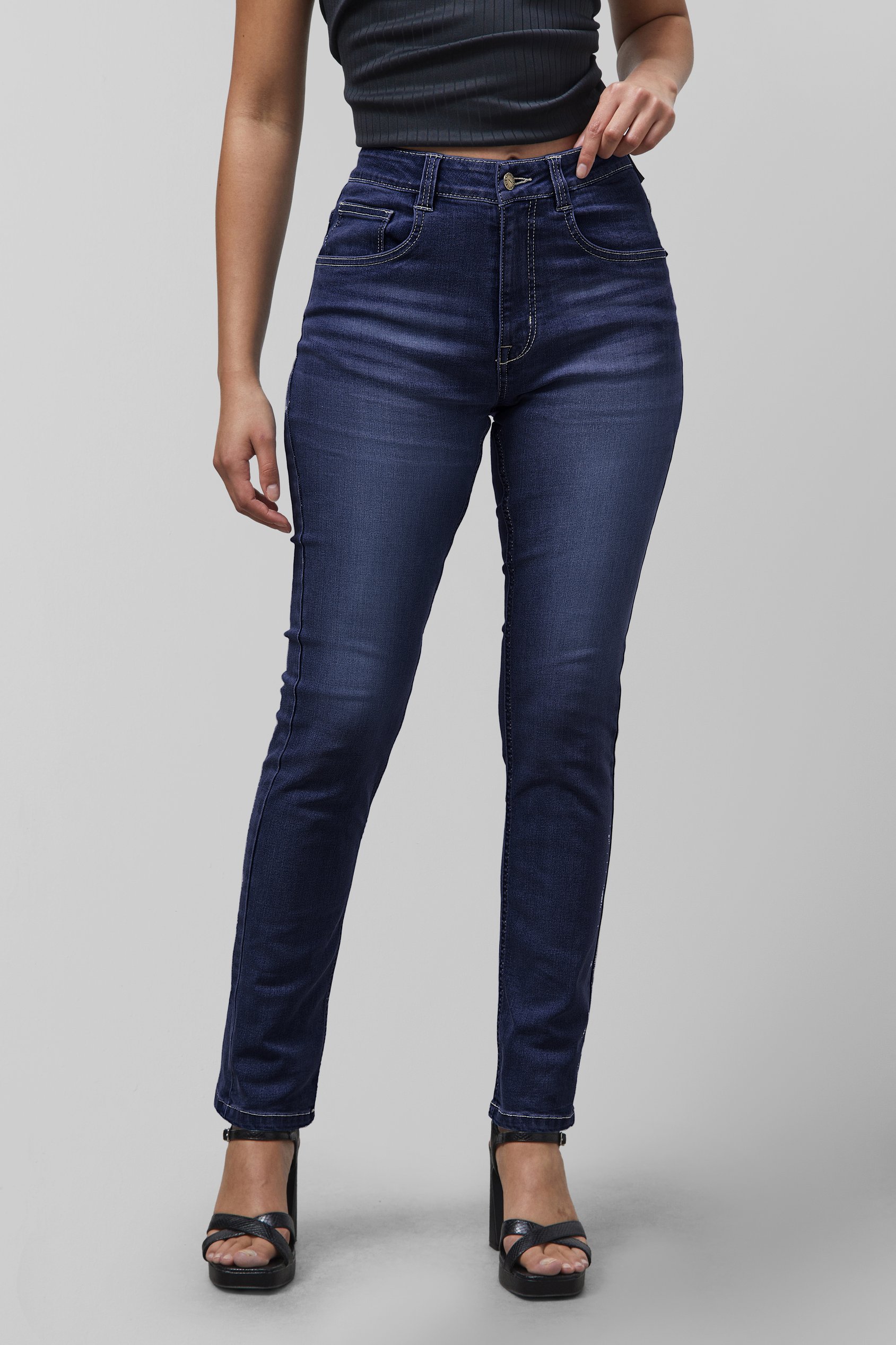 Enorsia Women's Deep Blue High Waist Slim Fit Jeans - Uk 16