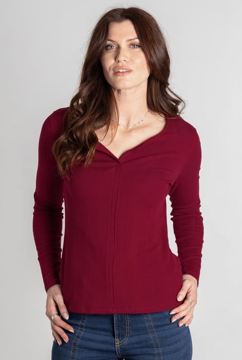 Brown Scoop Neckline Long Sleeve Ribbed Top