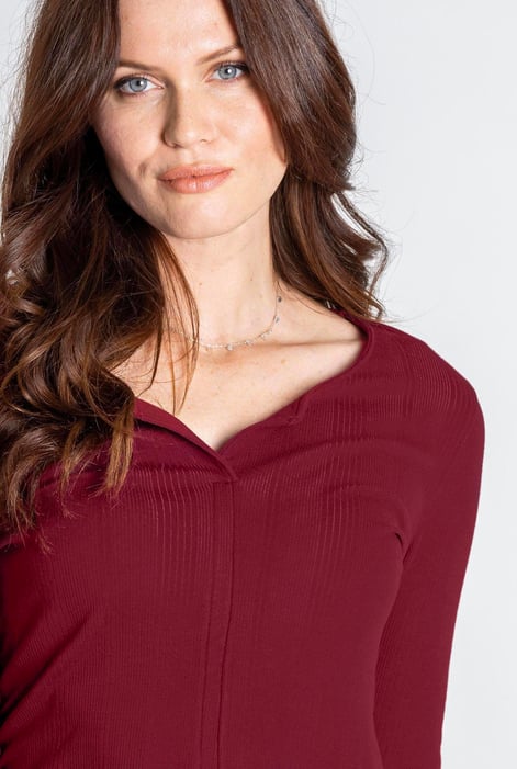 Red Scoop Neckline Long Sleeve Ribbed Top